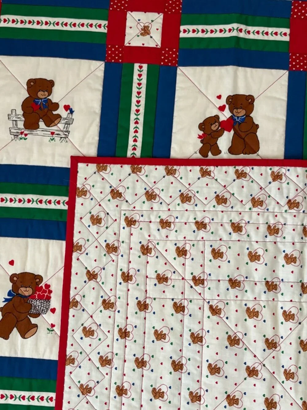 Handmade Quilted Throw Teddy Bear Heart Valentine Squares Cornerstones Nursery